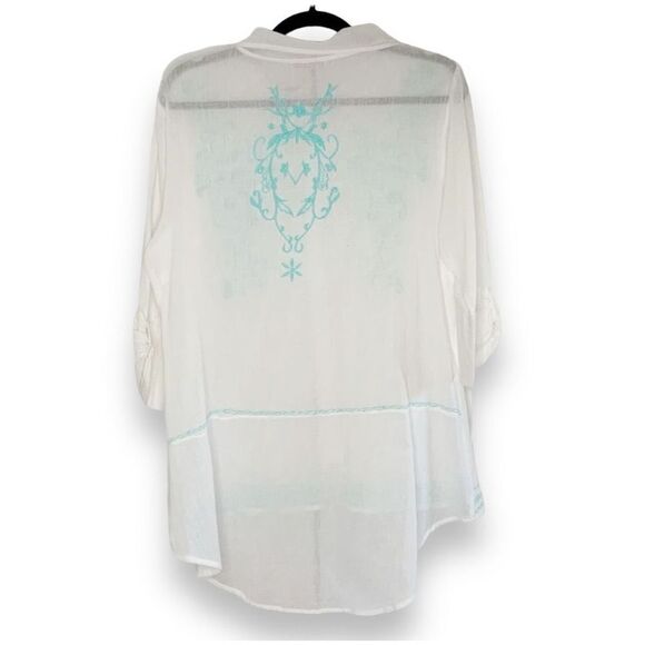 Piccola Bella Linen Button Front Blue Embroidery Shirt Cover-Up Women’s Size - M - Picture 2 of 9